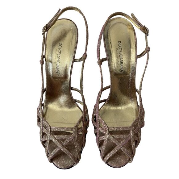 Dolce & Gabbana Iridescent Metallic Gold and Pink Strappy Heels Size 38 1/2 - Picture 1 of 10